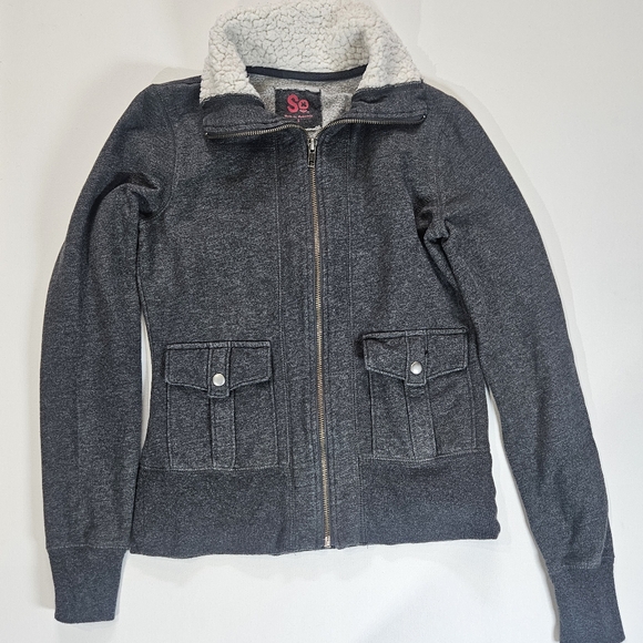 SO Faux Fur Collar Jacket Womens Small Grey Full Zip Comfy Warm Winter Y2K Style - Picture 1 of 6